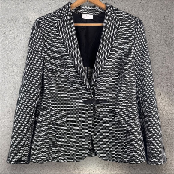 AKRIS PUNTO Black & White Wool Blend Dot Blazer Jacket Leather‎ Clasp Sz US 14 - Picture 1 of 7